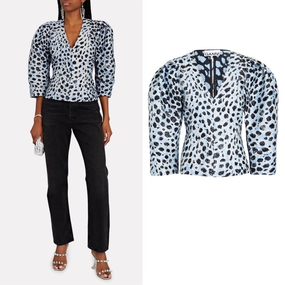Ganni Black and Blue Egret Leopard Print Puff Sleeve Blouse, size 36 NWT